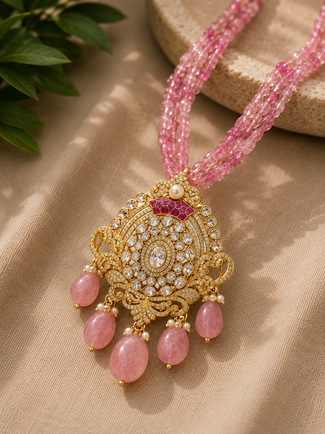Pink Tourmaline Bead Necklace with Kundan Statement Pendant