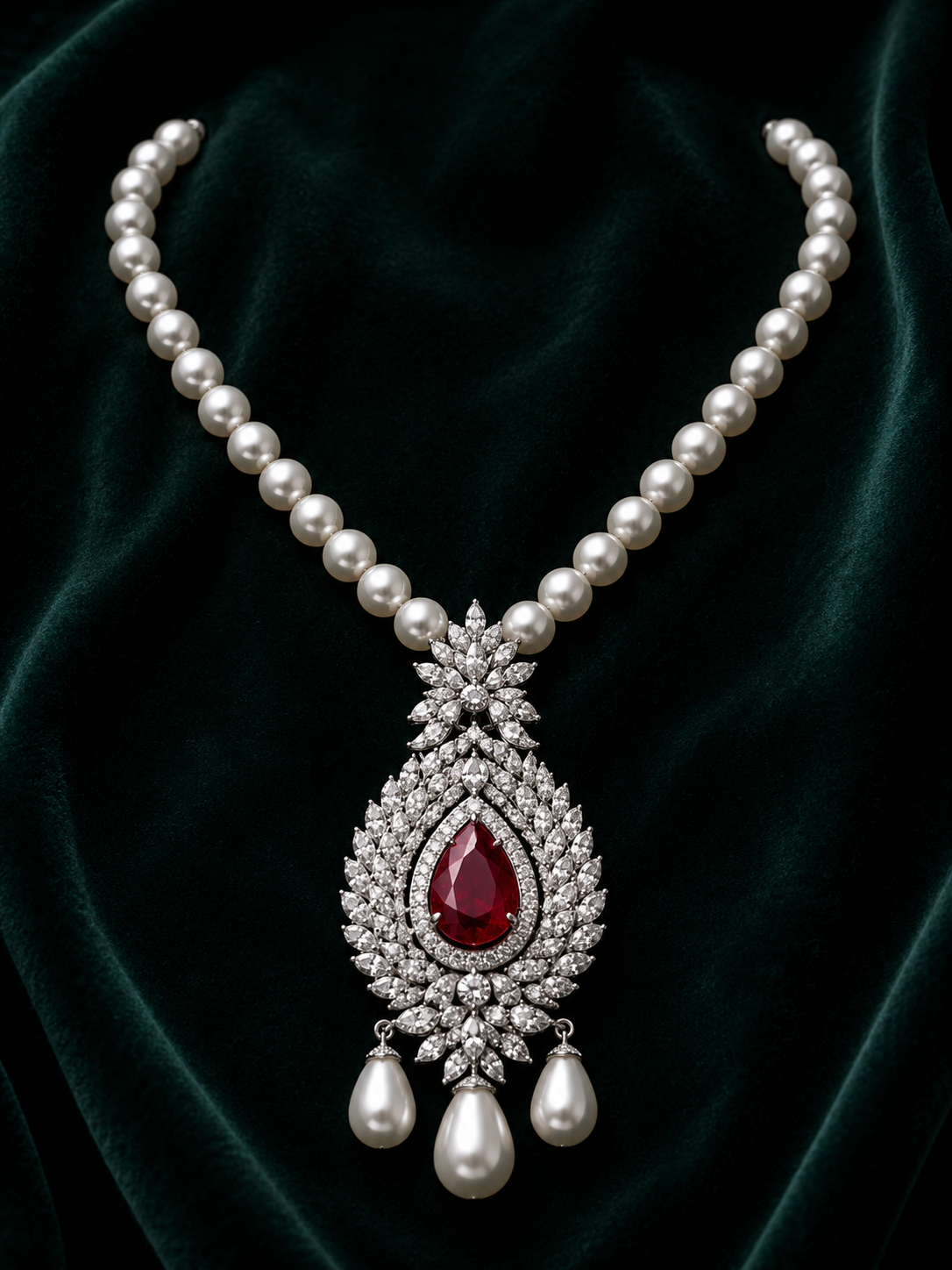 Ruby Pearl Heirloom Diamond Pendant Necklace