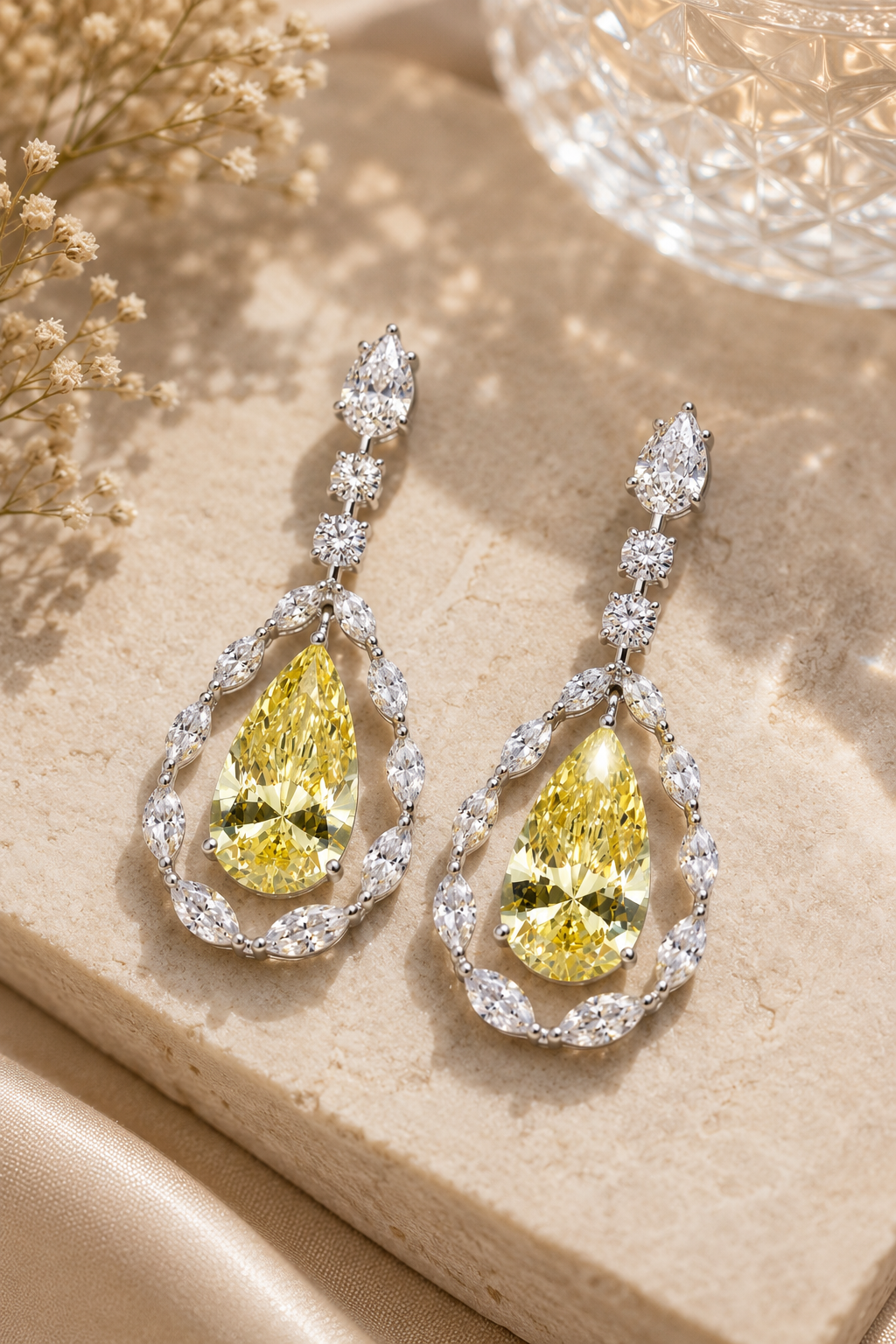 Yellow Pear Halo Drop Earrings