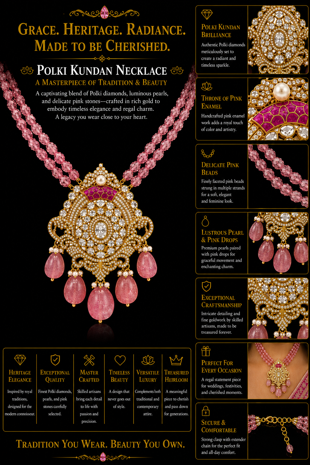 Pink Tourmaline Bead Necklace with Kundan Statement Pendant
