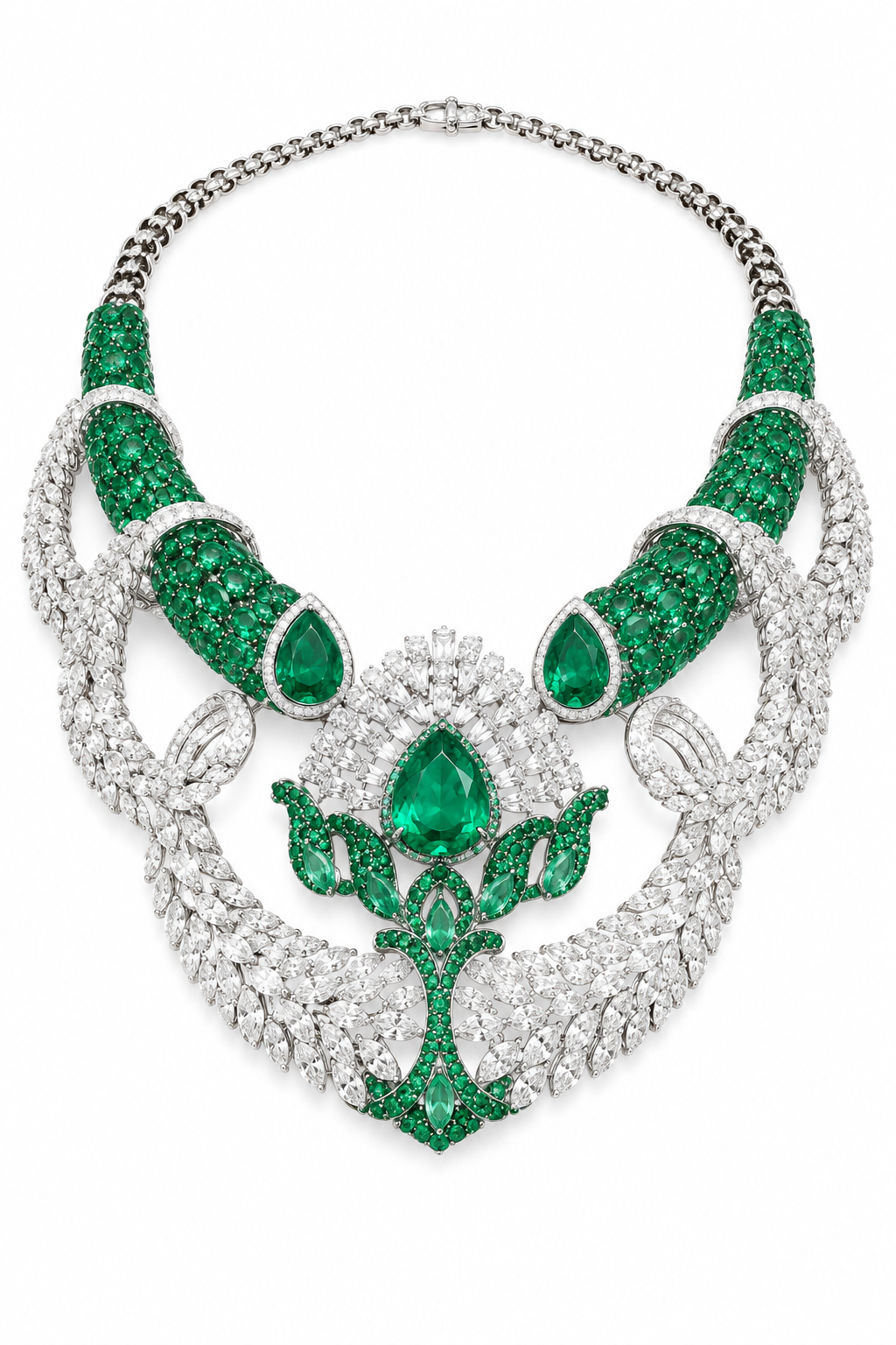 Emerald & Diamond Royal Floral Statement Necklace Set