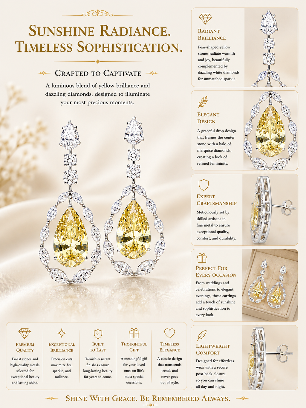 Yellow Pear Halo Drop Earrings