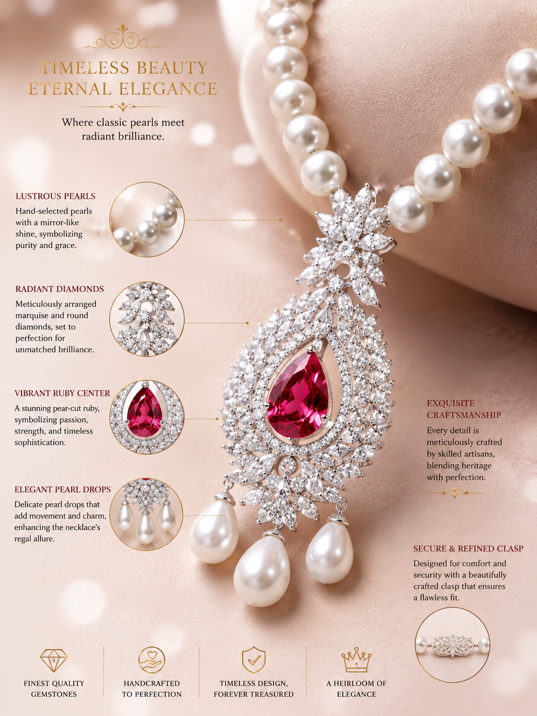 Ruby Pearl Heirloom Diamond Pendant Necklace