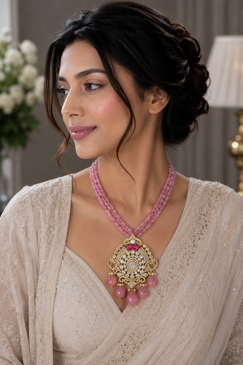 Pink Tourmaline Bead Necklace with Kundan Statement Pendant