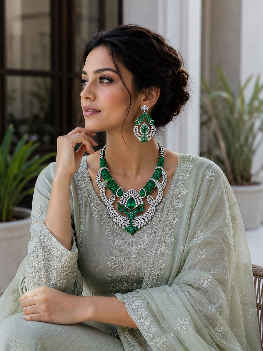 Emerald & Diamond Royal Floral Statement Necklace Set