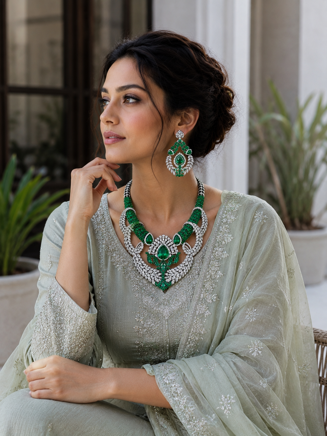 Emerald & Diamond Royal Floral Statement Necklace Set