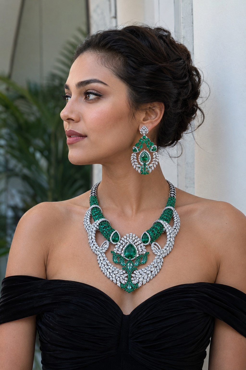 Emerald & Diamond Royal Floral Statement Necklace Set