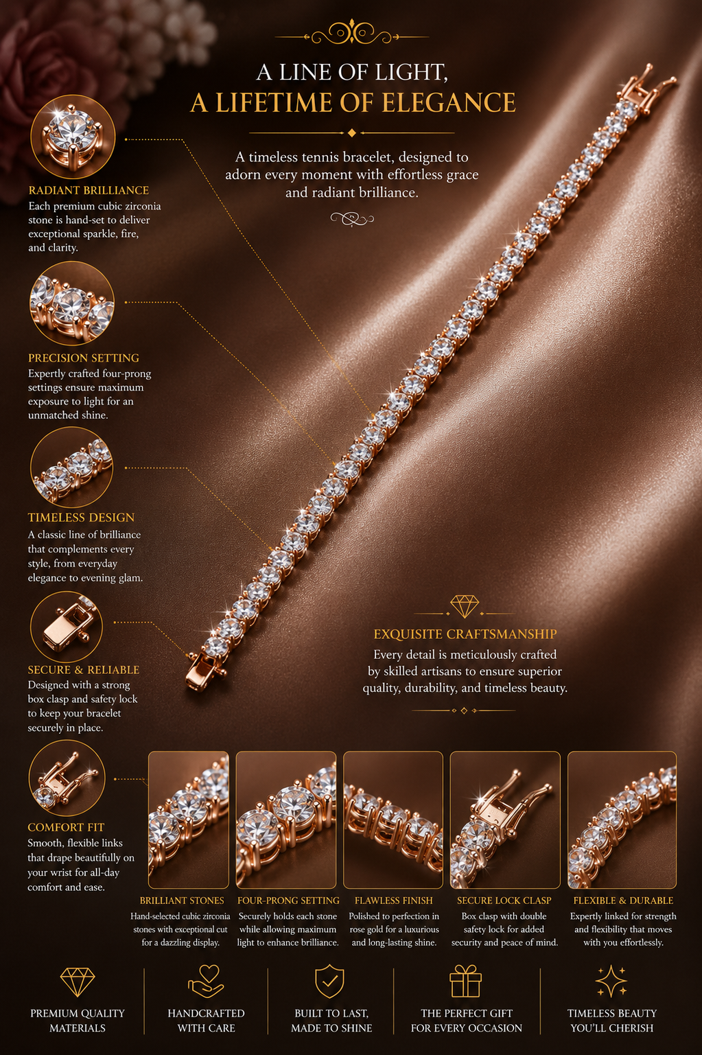 Rose Gold Tennis Bracelet & Crystal Hoop Earrings Set for Women