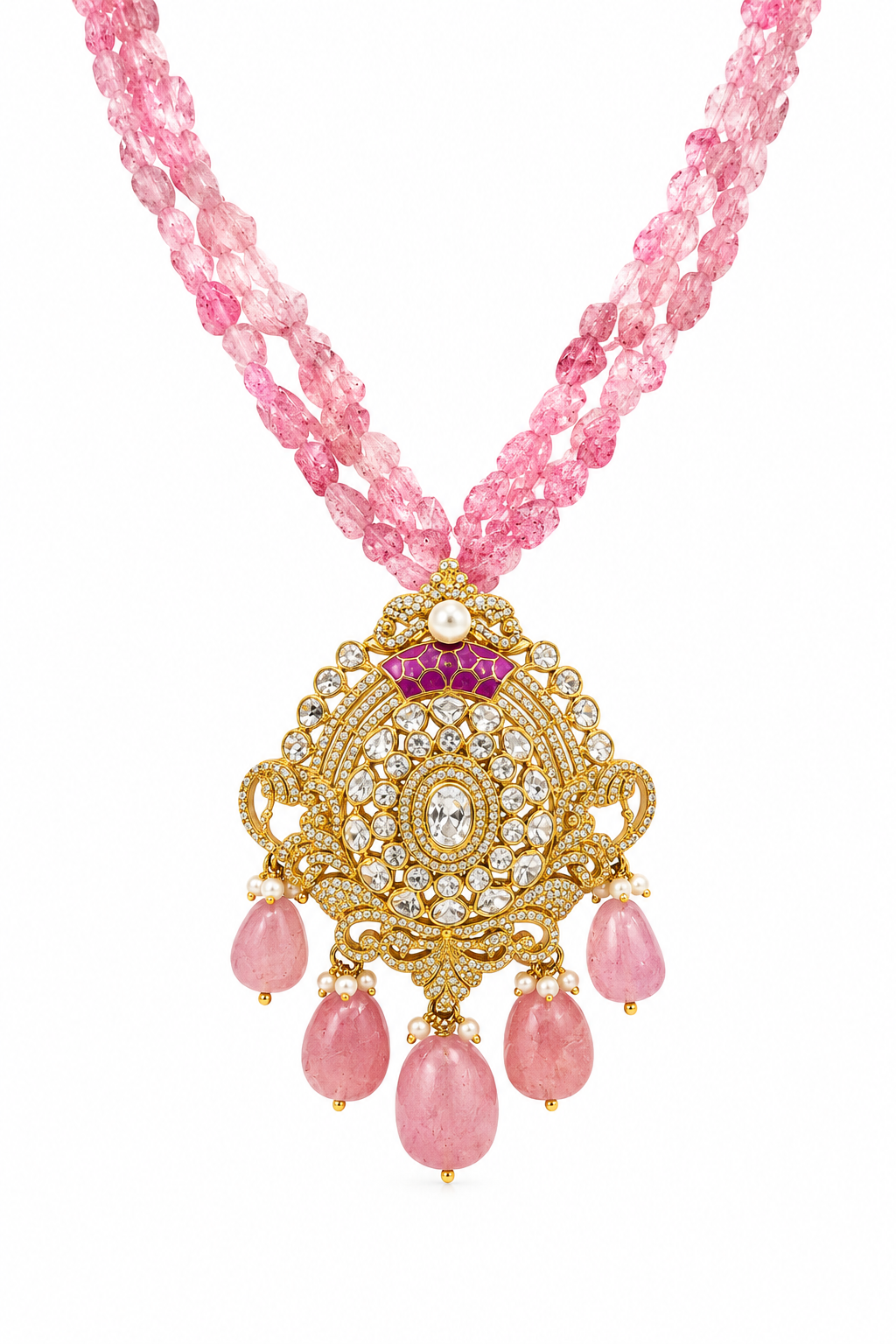 Pink Tourmaline Bead Necklace with Kundan Statement Pendant