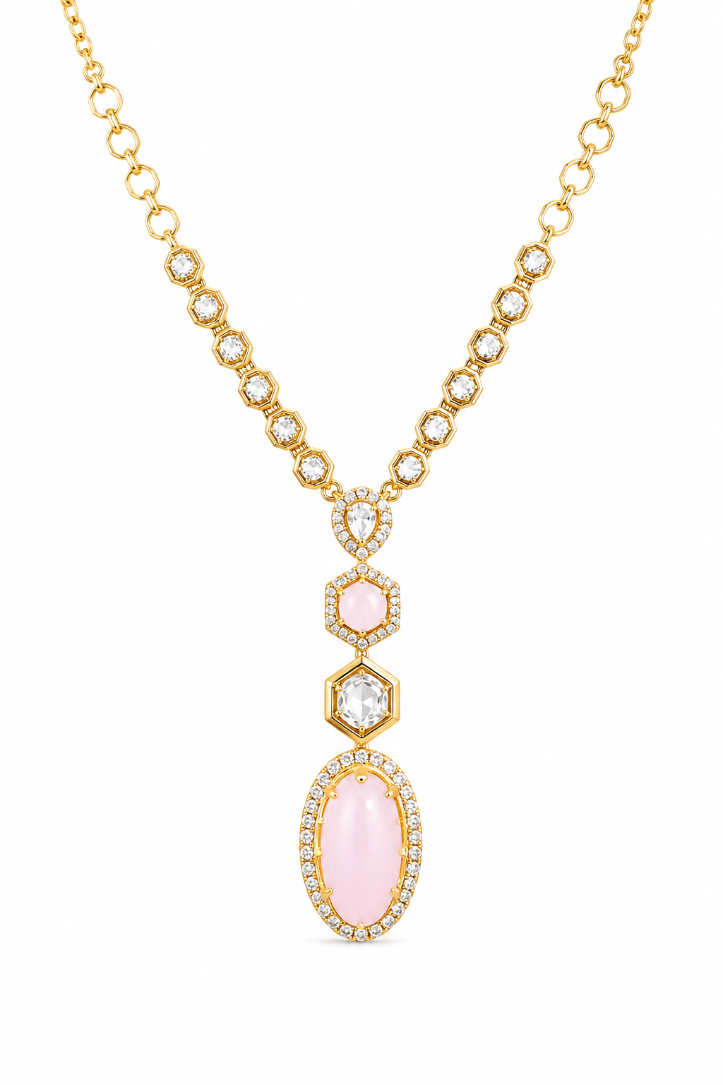 Rose Quartz Halo Pendant Necklace Set with Matching Drop Earrings