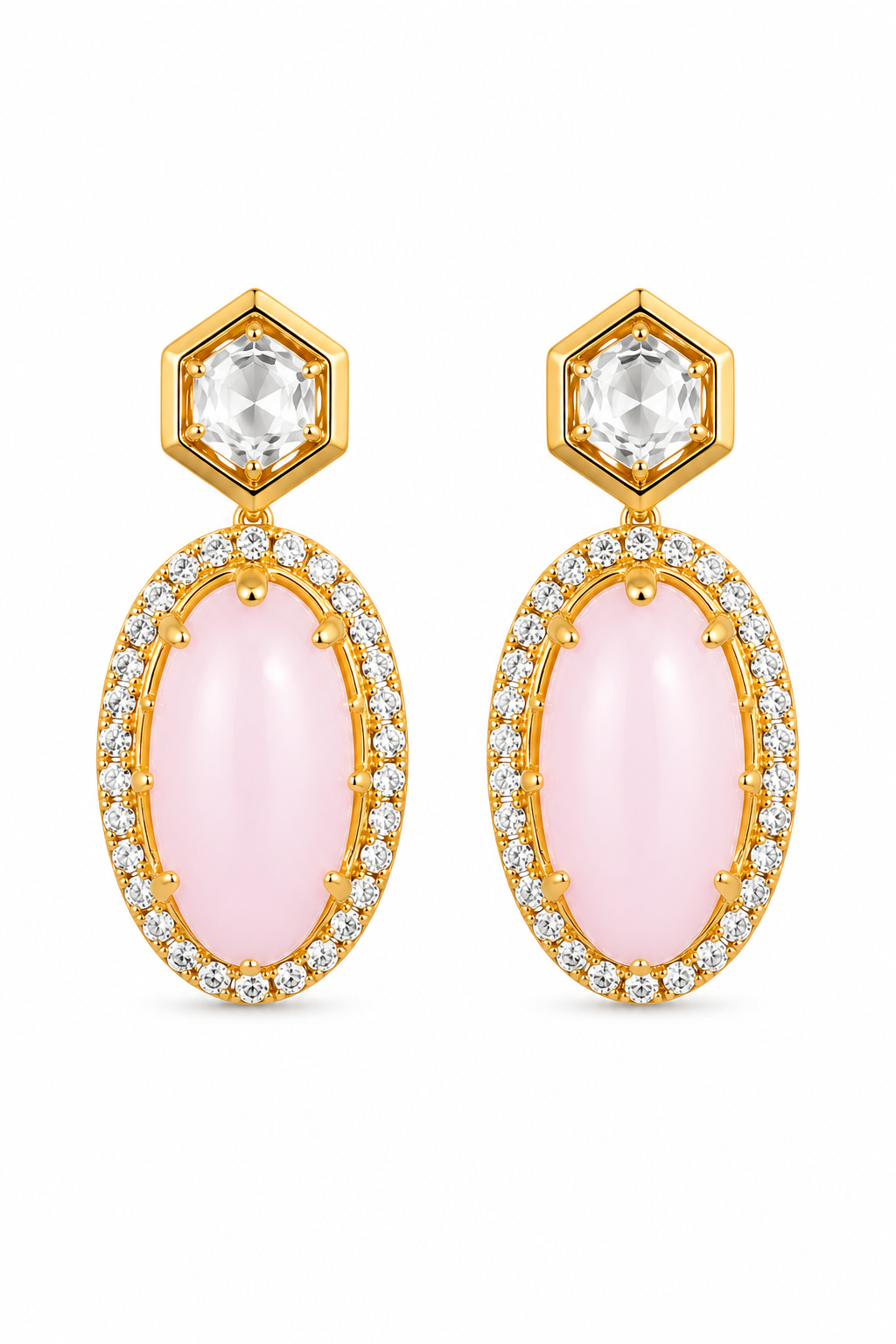 Rose Quartz Halo Pendant Necklace Set with Matching Drop Earrings