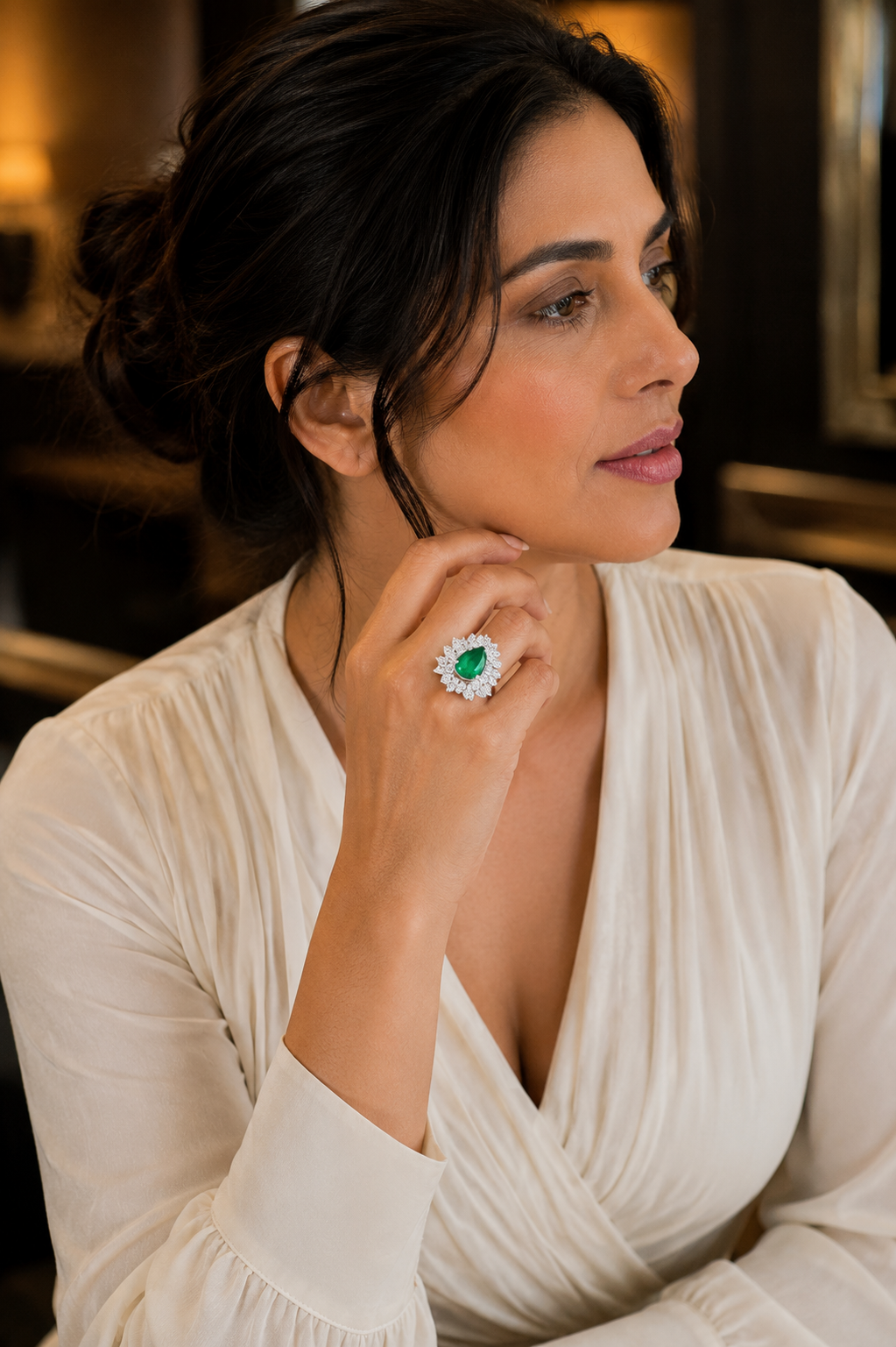 Luxury Emerald Diamond Double Halo Statement Ring