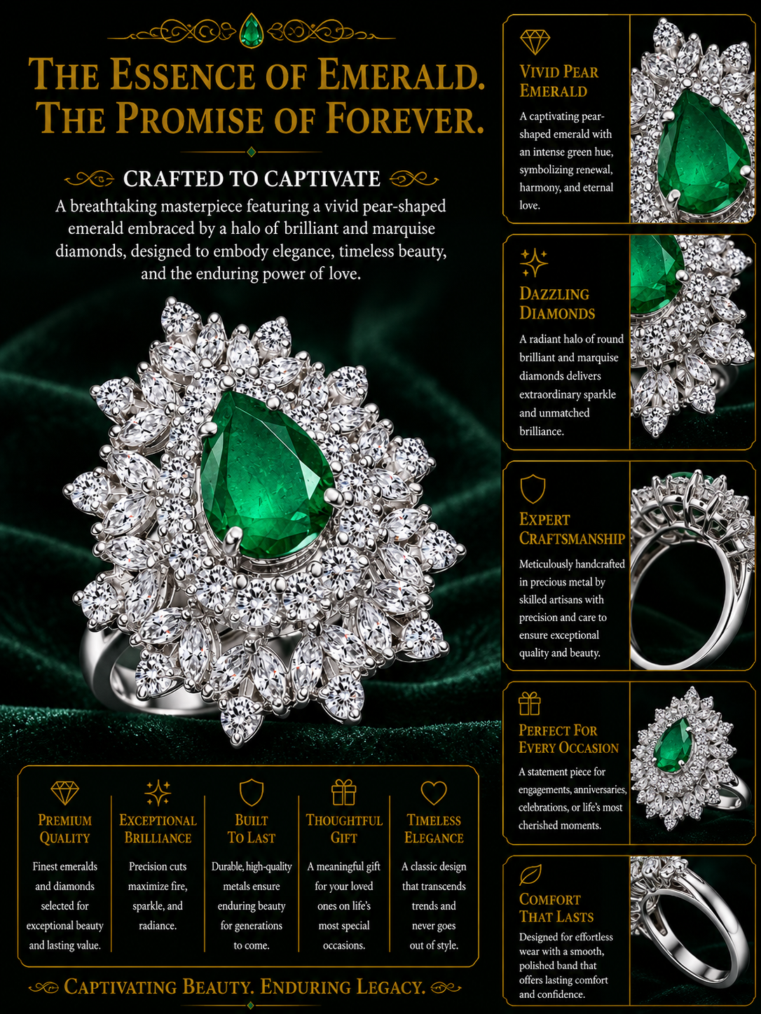 Luxury Emerald Diamond Double Halo Statement Ring