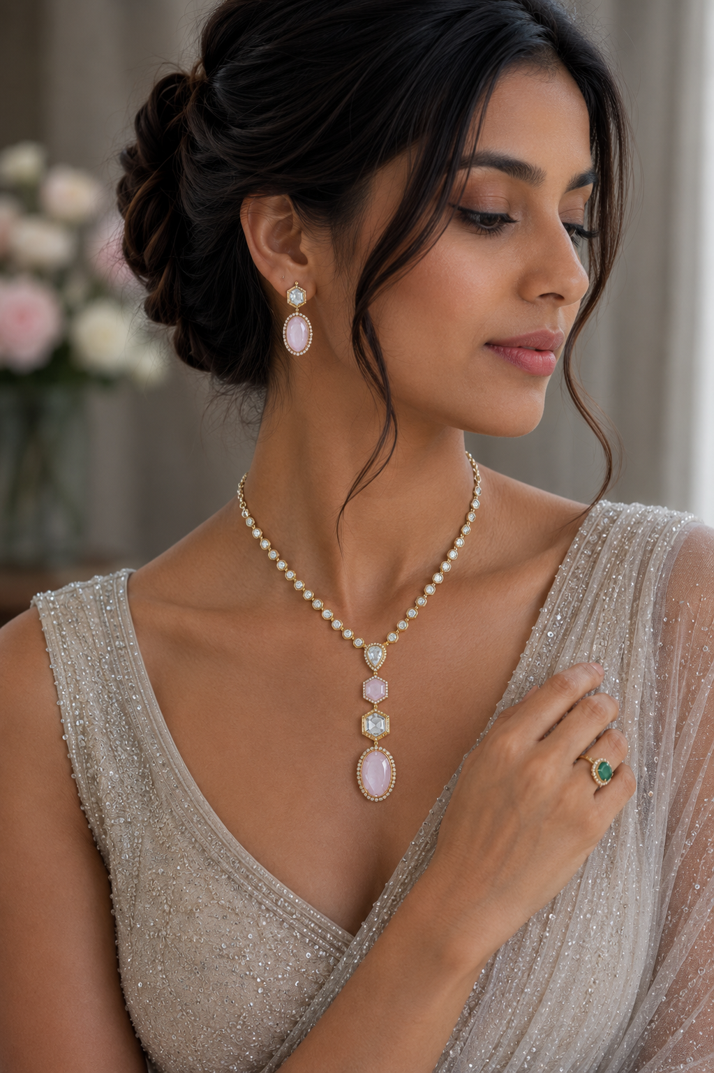 Rose Quartz Halo Pendant Necklace Set with Matching Drop Earrings