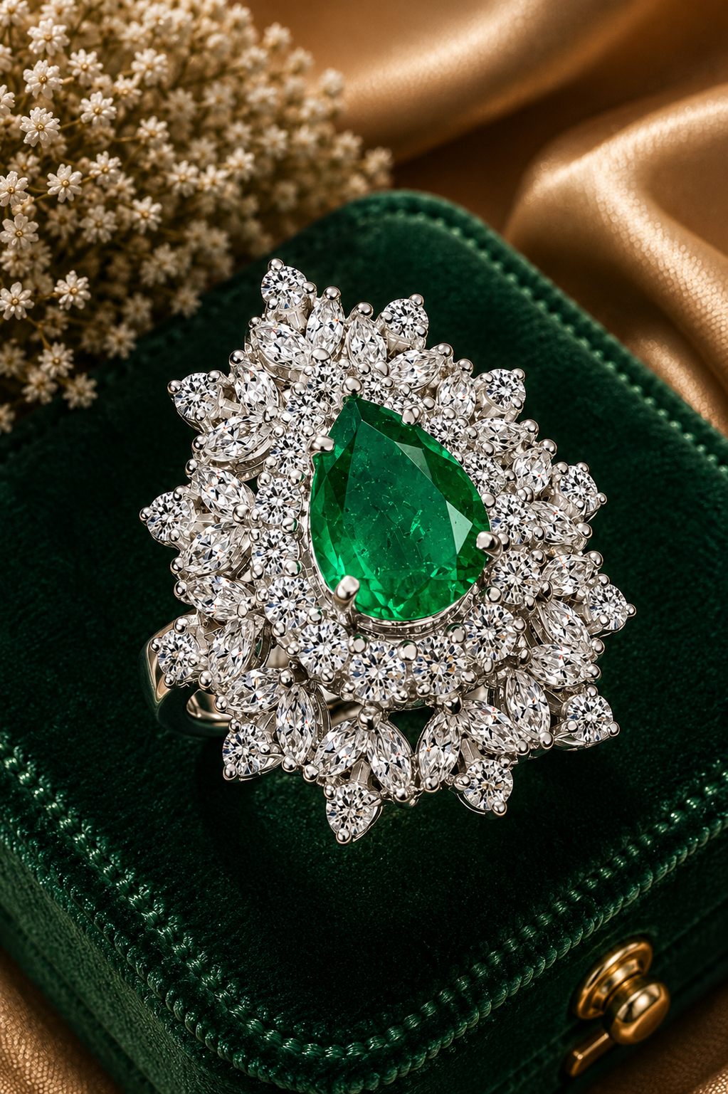 Luxury Emerald Diamond Double Halo Statement Ring