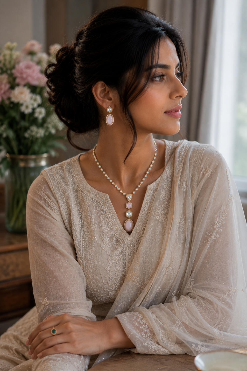 Rose Quartz Halo Pendant Necklace Set with Matching Drop Earrings