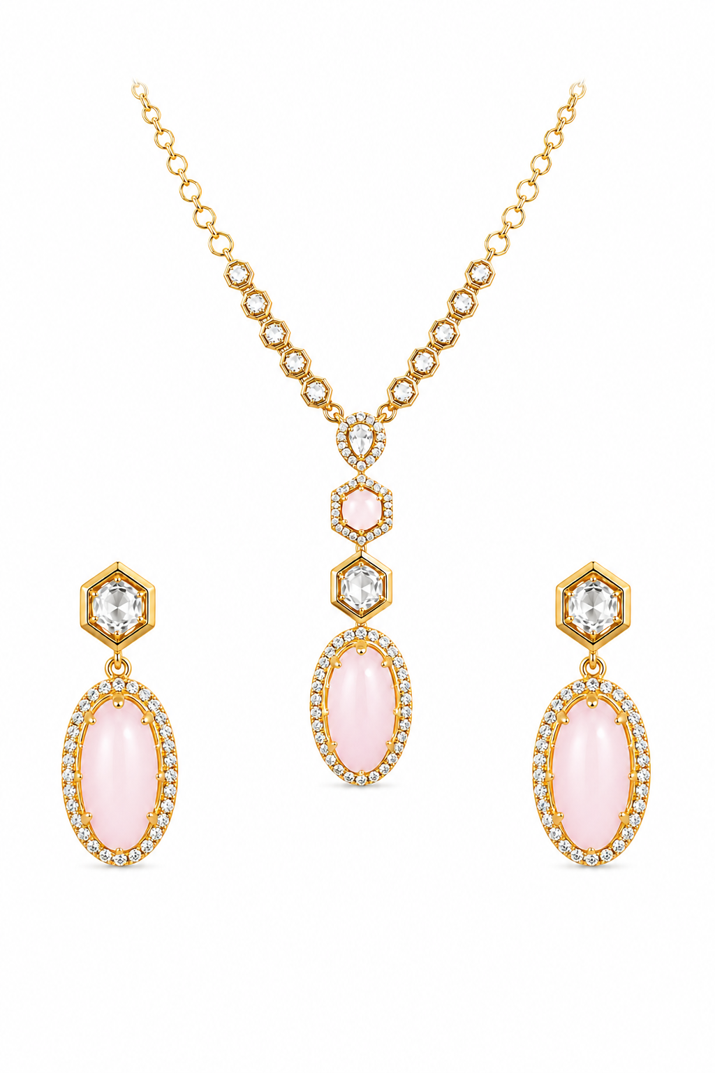 Rose Quartz Halo Pendant Necklace Set with Matching Drop Earrings