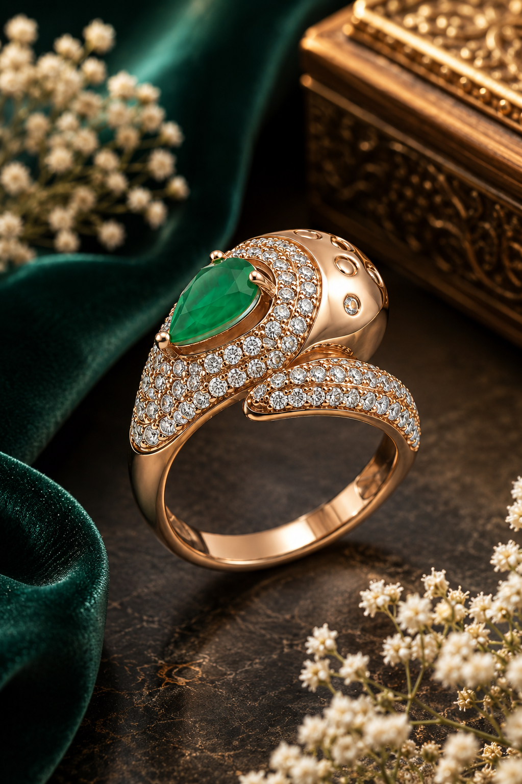 Emerald Pear-Shaped Diamond Bypass Ring in Rose Gold