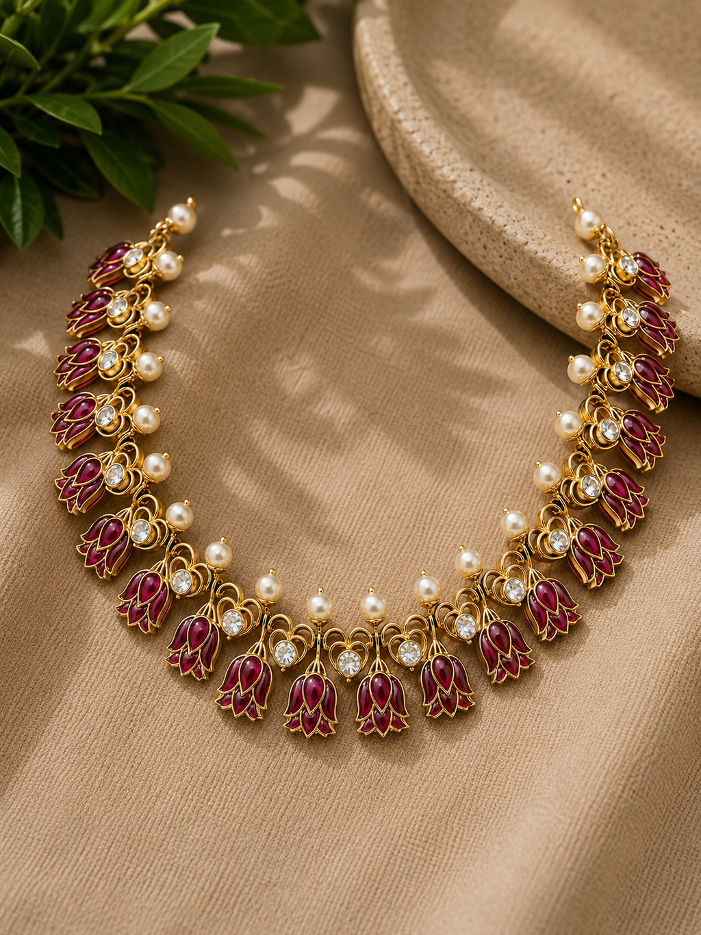 Ruby Lotus Motif Necklace with Pearl Accents