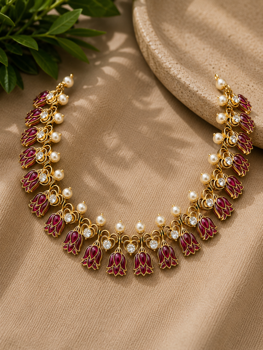 Ruby Lotus Motif Necklace with Pearl Accents