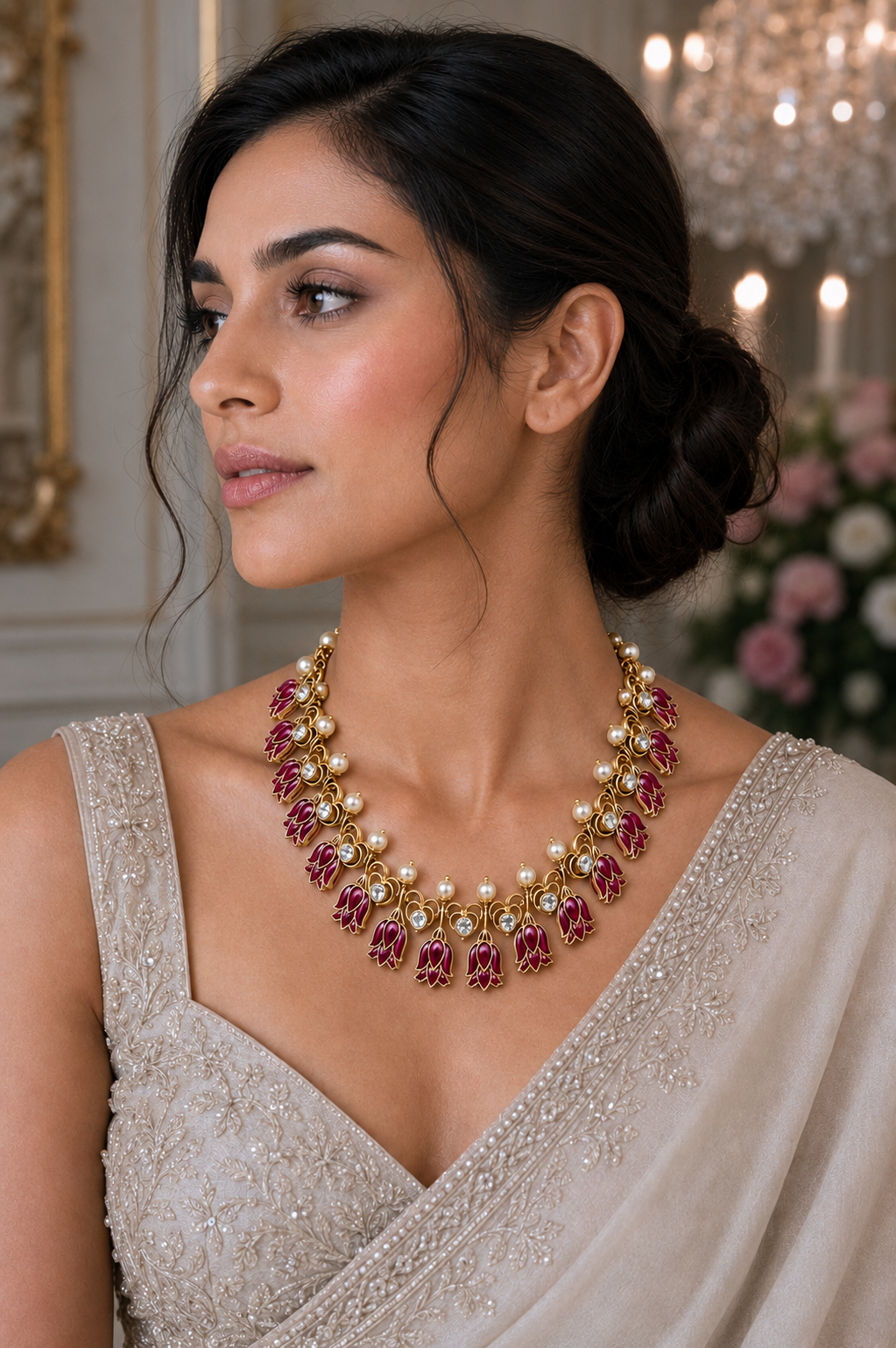 Ruby Lotus Motif Necklace with Pearl Accents