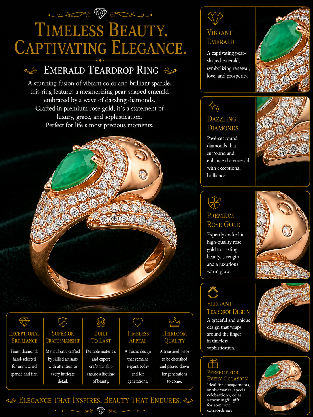 Emerald Pear-Shaped Diamond Bypass Ring in Rose Gold
