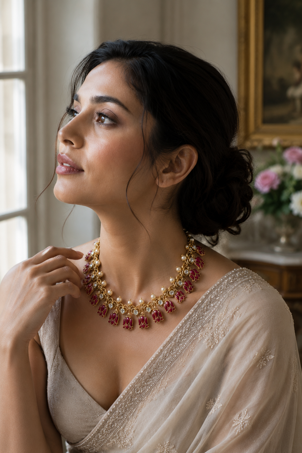 Ruby Lotus Motif Necklace with Pearl Accents