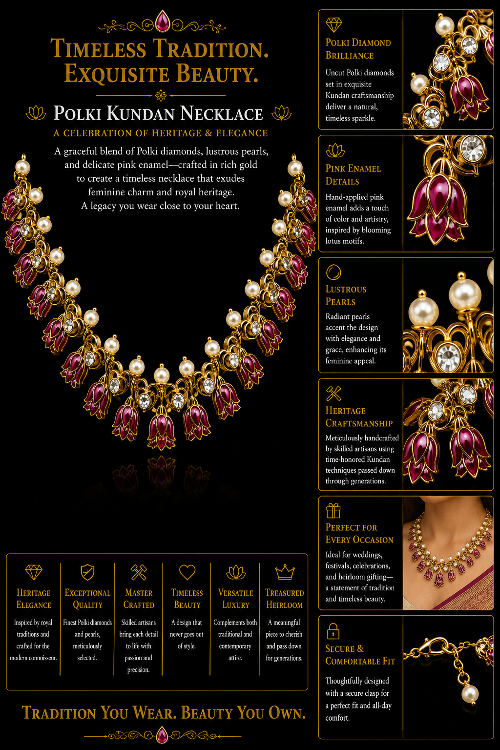 Ruby Lotus Motif Necklace with Pearl Accents
