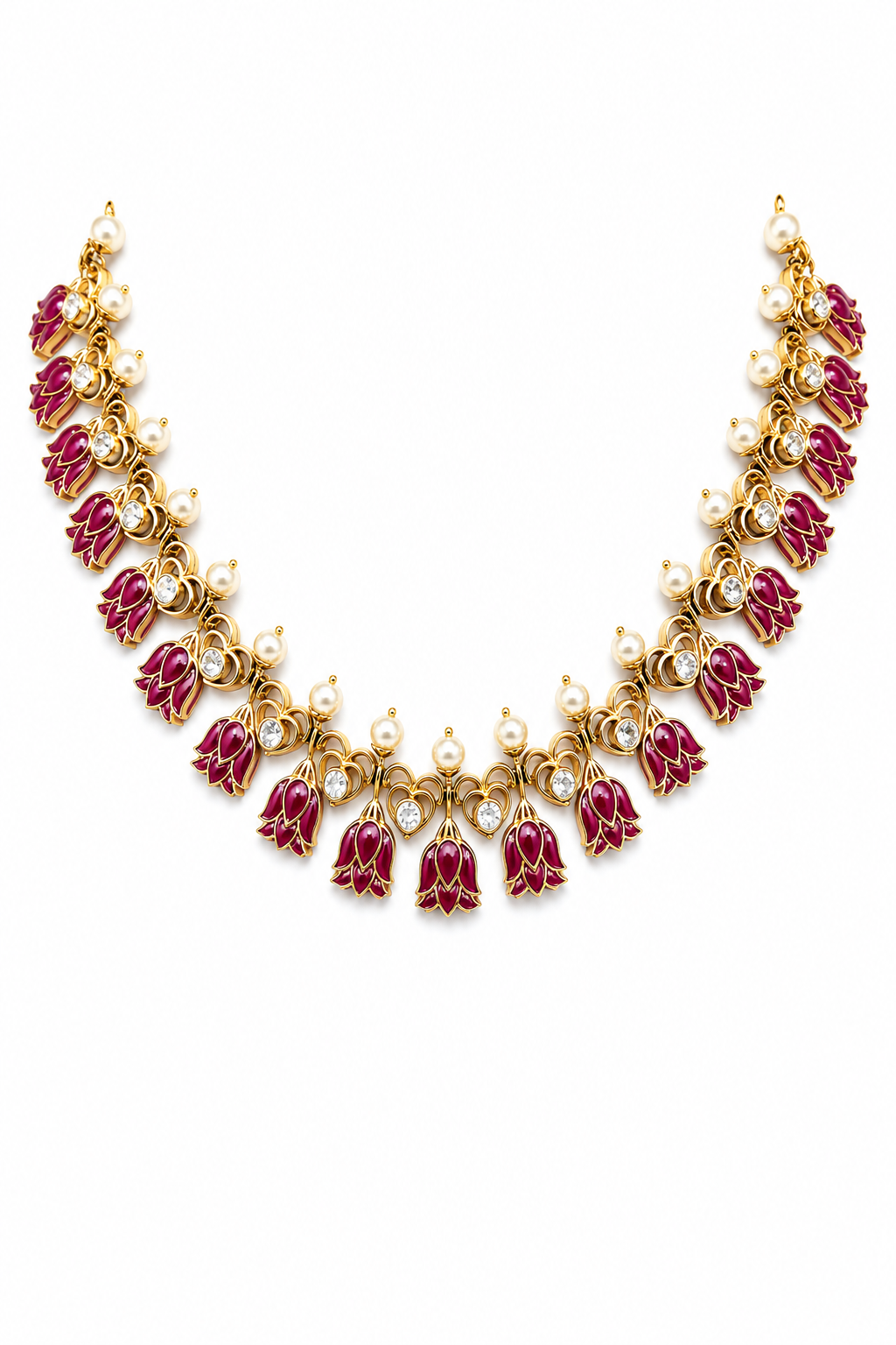 Ruby Lotus Motif Necklace with Pearl Accents