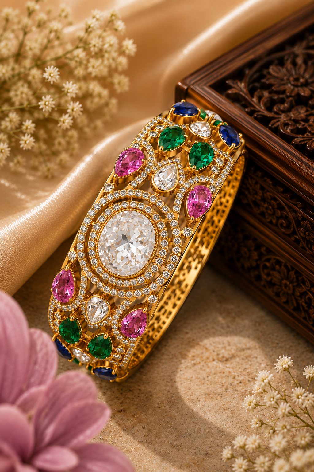 Navratna-Inspired Diamond and Gemstone Statement Bangle