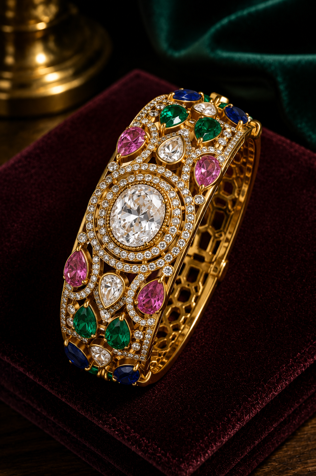 Navratna-Inspired Diamond and Gemstone Statement Bangle