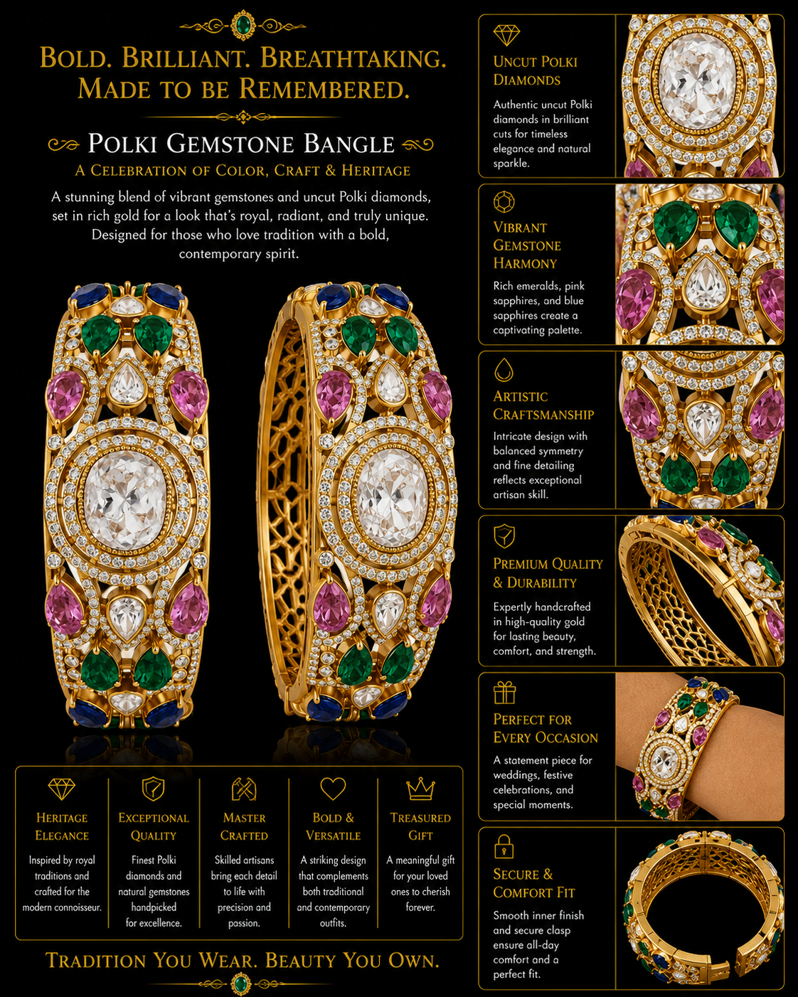 Navratna-Inspired Diamond and Gemstone Statement Bangle