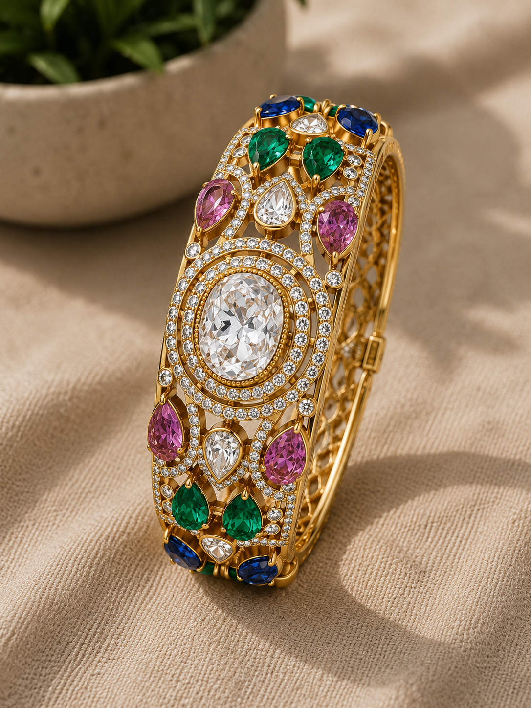Navratna-Inspired Diamond and Gemstone Statement Bangle