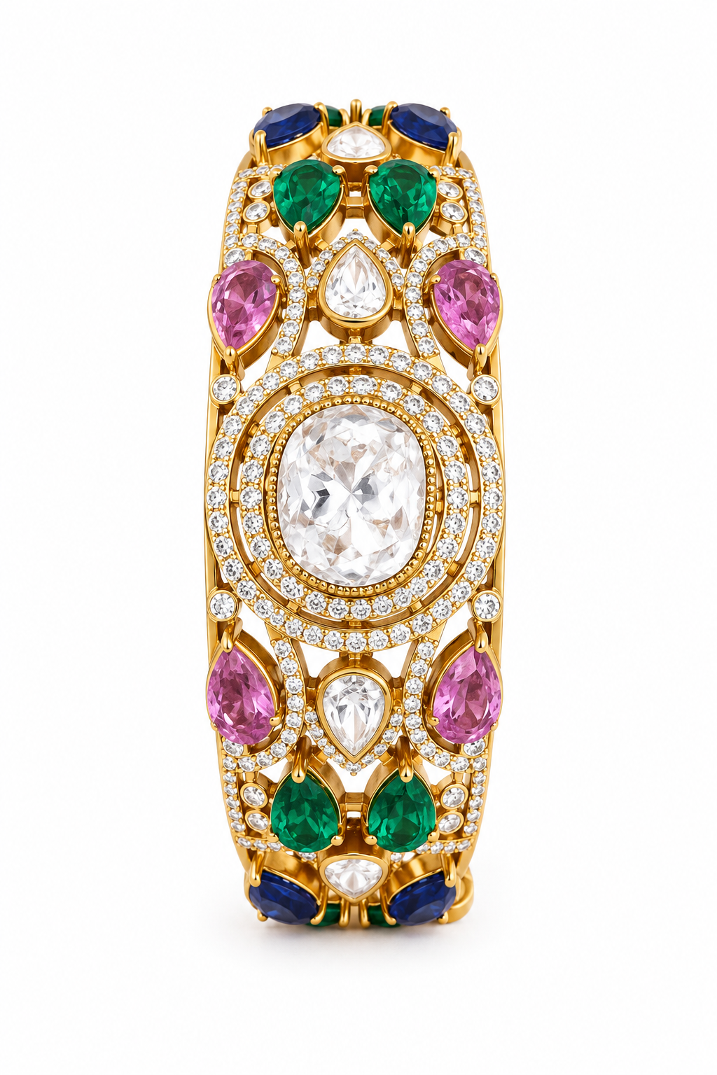 Navratna-Inspired Diamond and Gemstone Statement Bangle