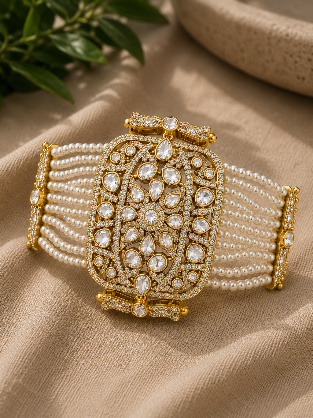 Royal Pearl-Strand Kundan Statement Bangle