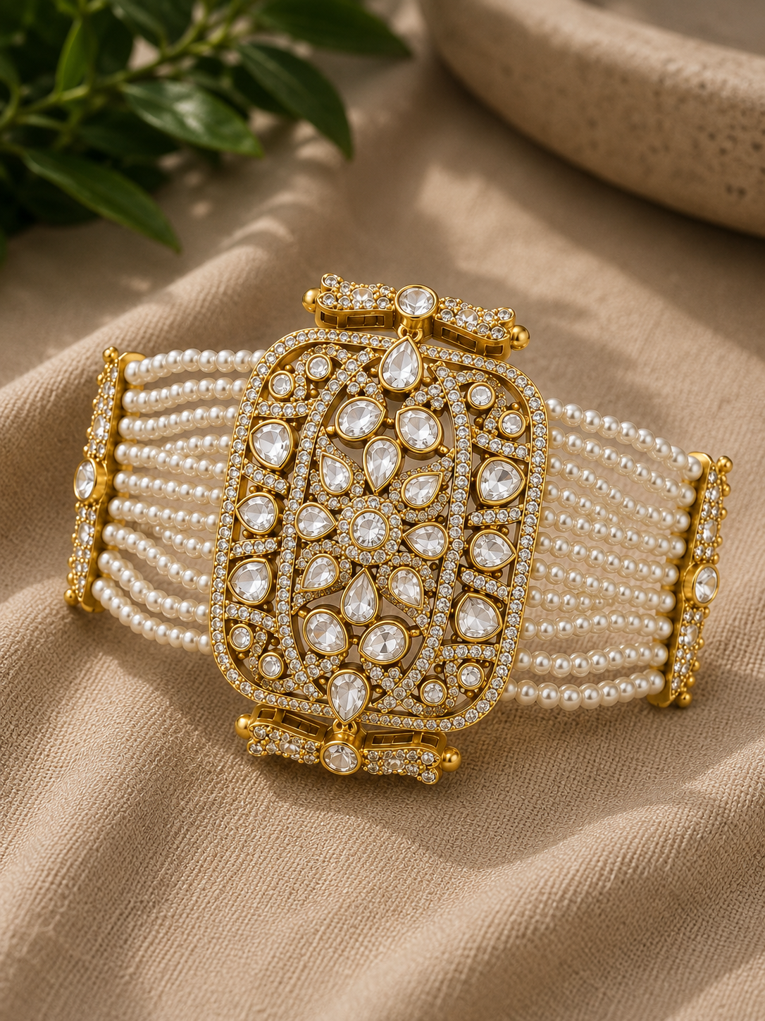 Royal Pearl-Strand Kundan Statement Bangle