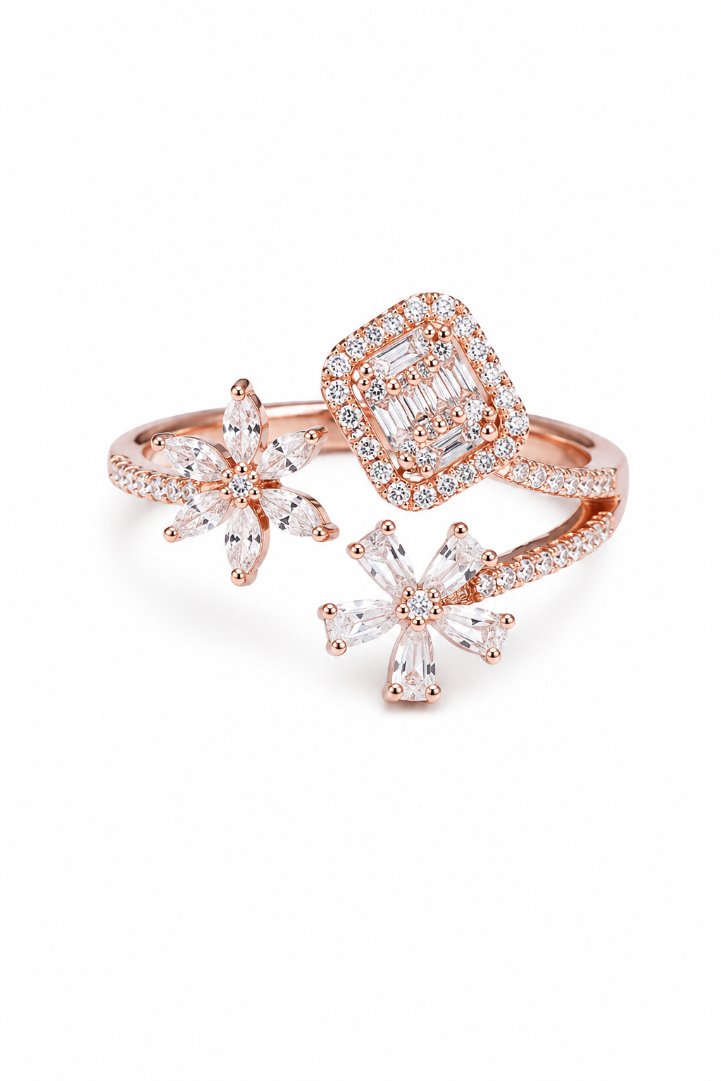 Elegant Floral Open Ring for Women – Rose Gold Crystal Statement Ring