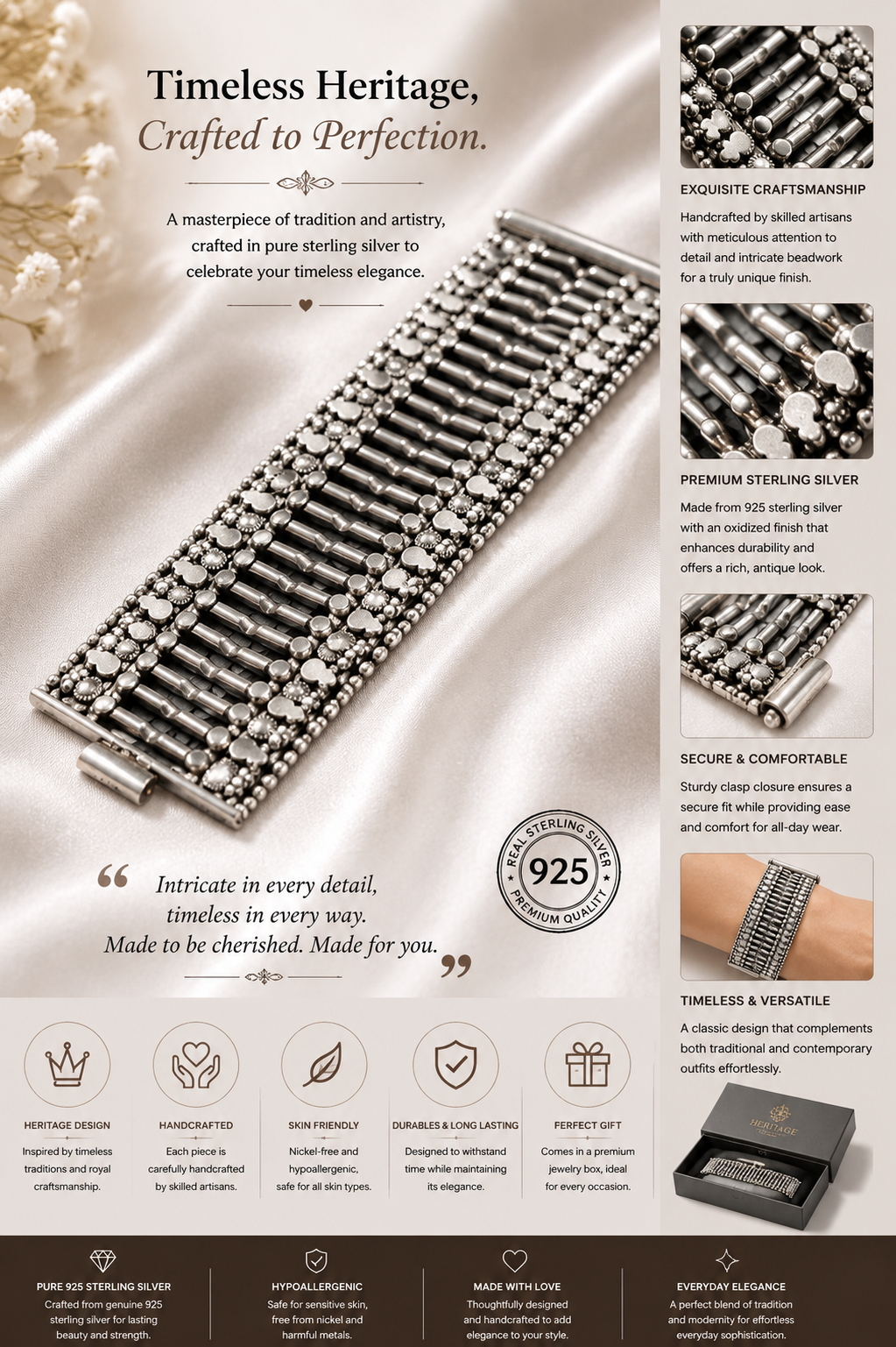 Oxidized Silver Ribbed Bar Statement Bracelet with Tribal Detailing