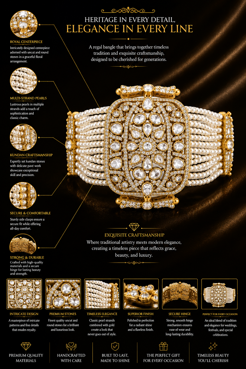 Royal Pearl-Strand Kundan Statement Bangle