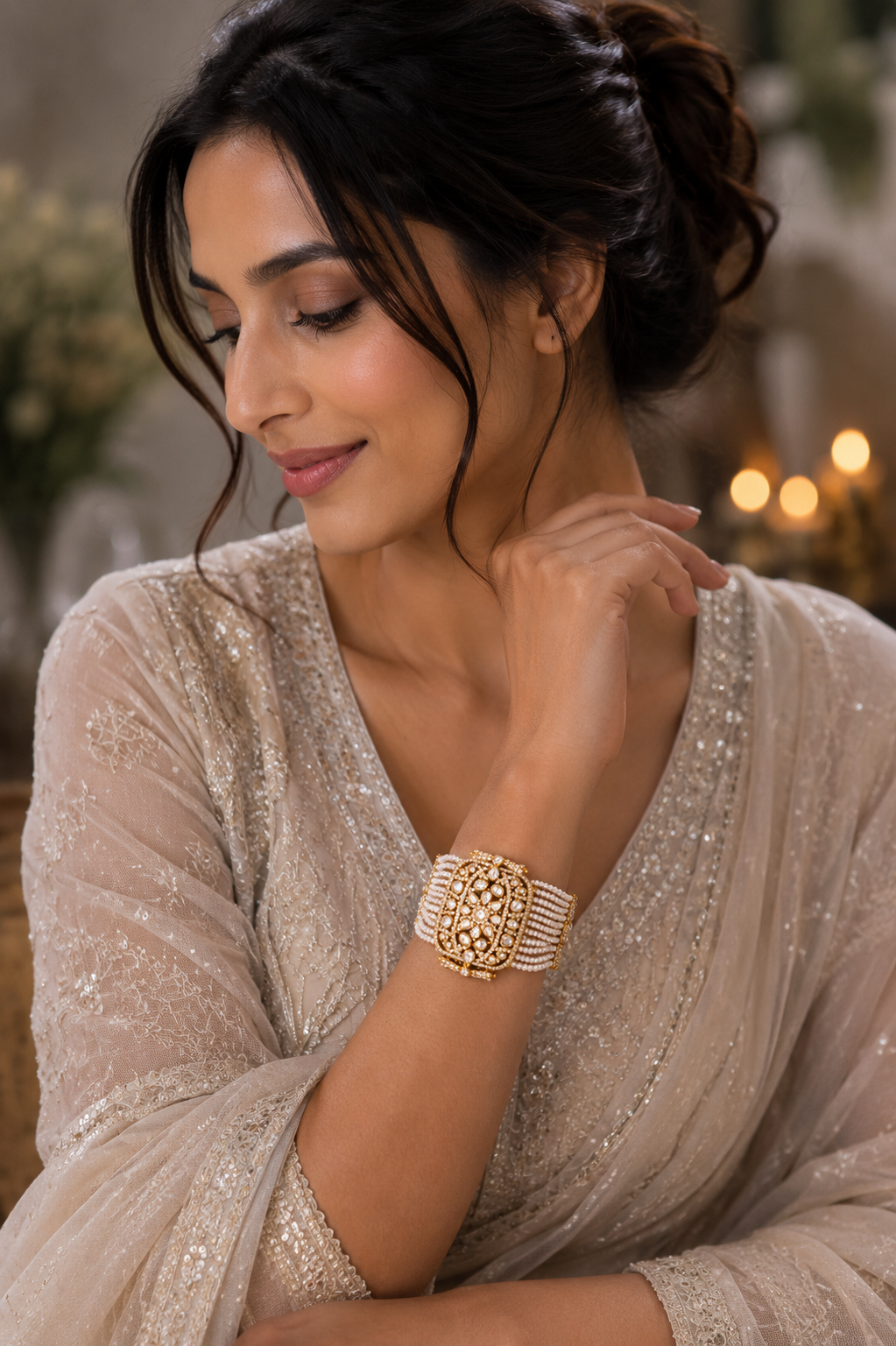 Royal Pearl-Strand Kundan Statement Bangle