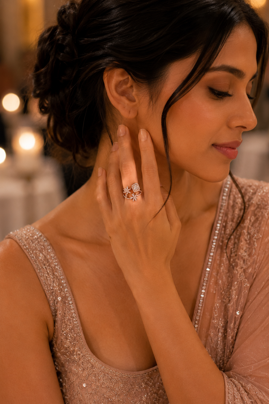 Elegant Floral Open Ring for Women – Rose Gold Crystal Statement Ring