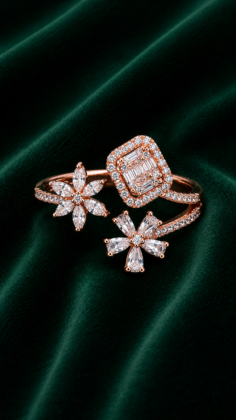 Elegant Floral Open Ring for Women – Rose Gold Crystal Statement Ring
