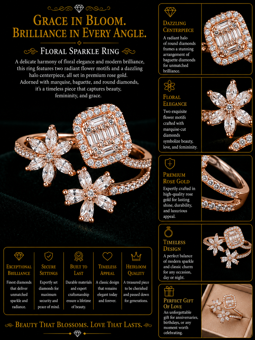 Elegant Floral Open Ring for Women – Rose Gold Crystal Statement Ring