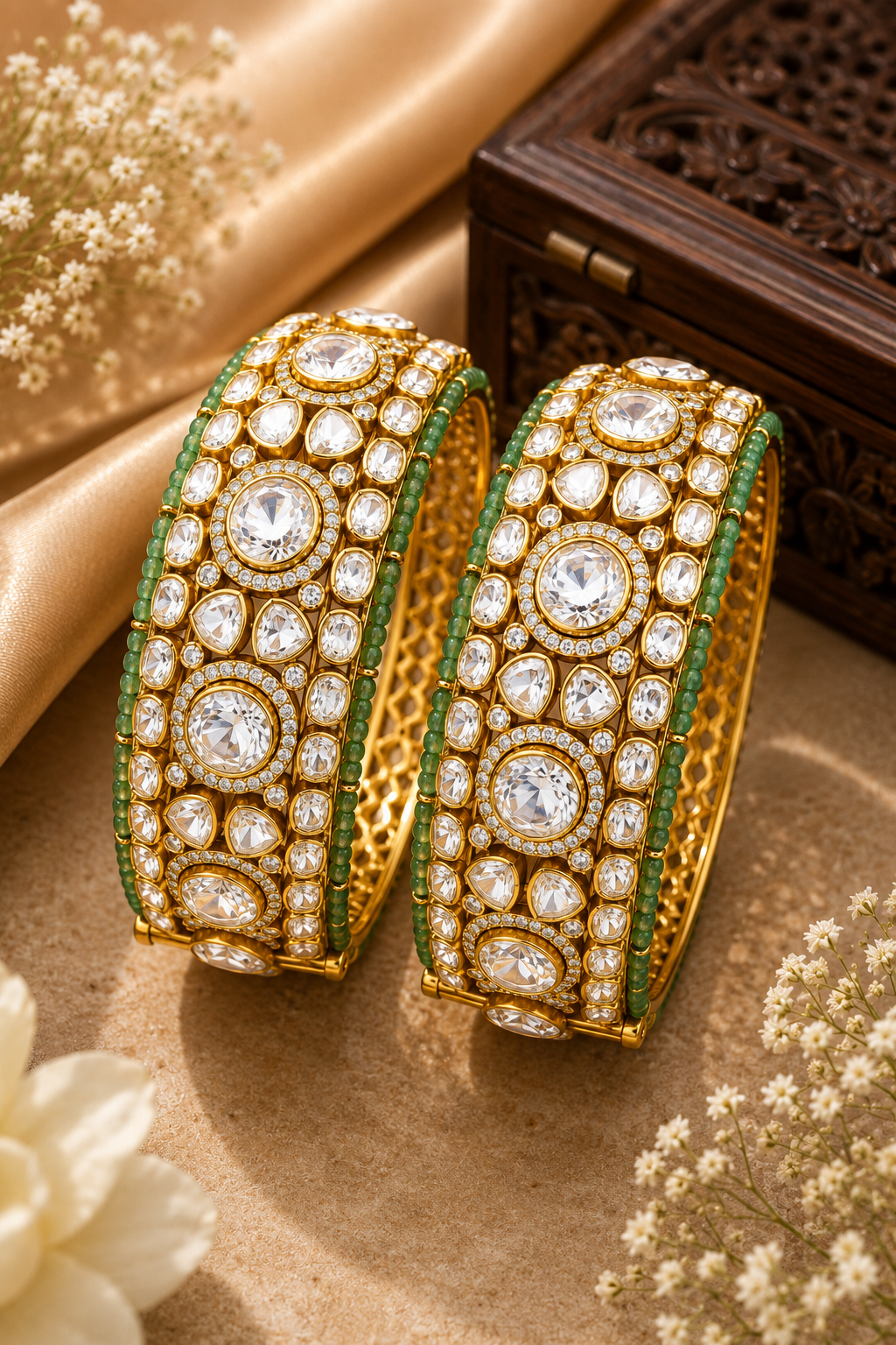 Emerald Bead Kundan Bridal Bangle Pair