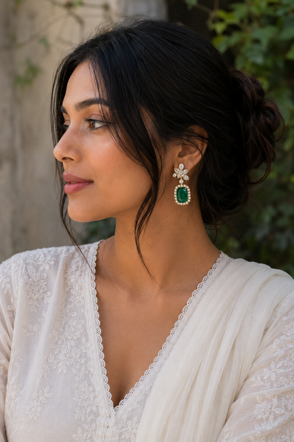 Emerald Halo Floral Drop Earrings