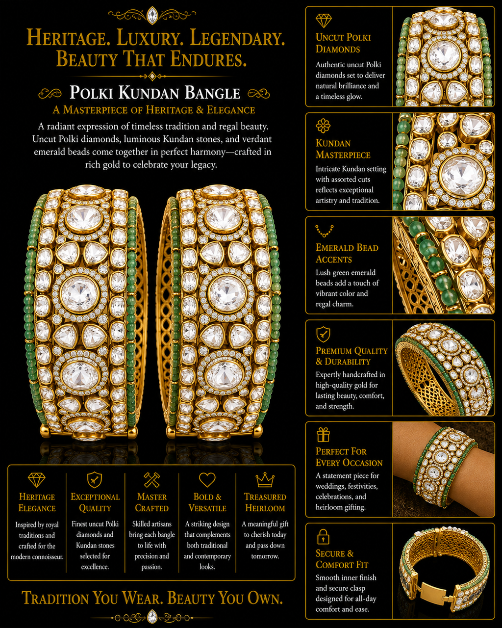 Emerald Bead Kundan Bridal Bangle Pair