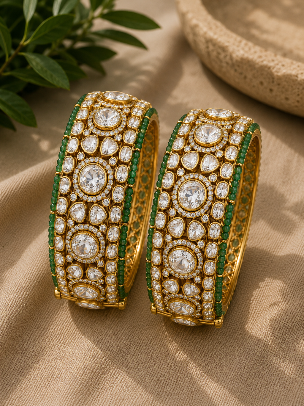 Emerald Bead Kundan Bridal Bangle Pair