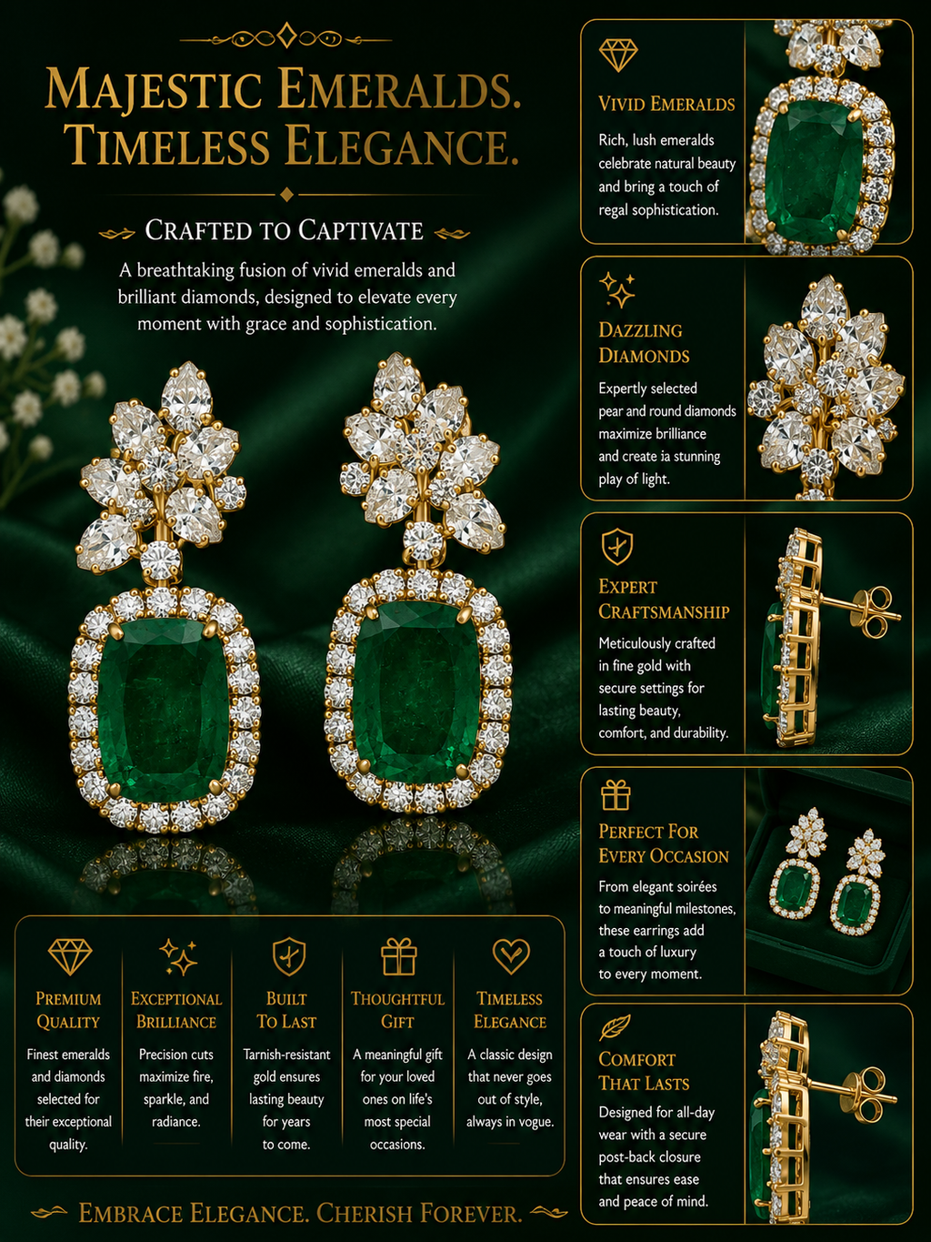 Emerald Halo Floral Drop Earrings