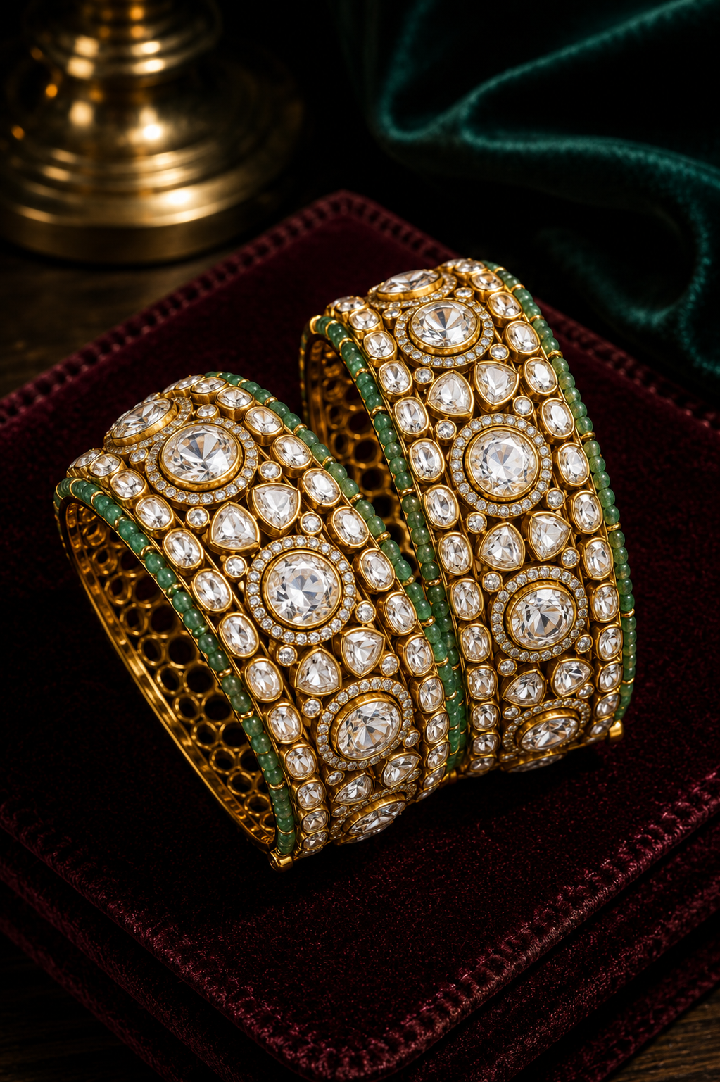 Emerald Bead Kundan Bridal Bangle Pair