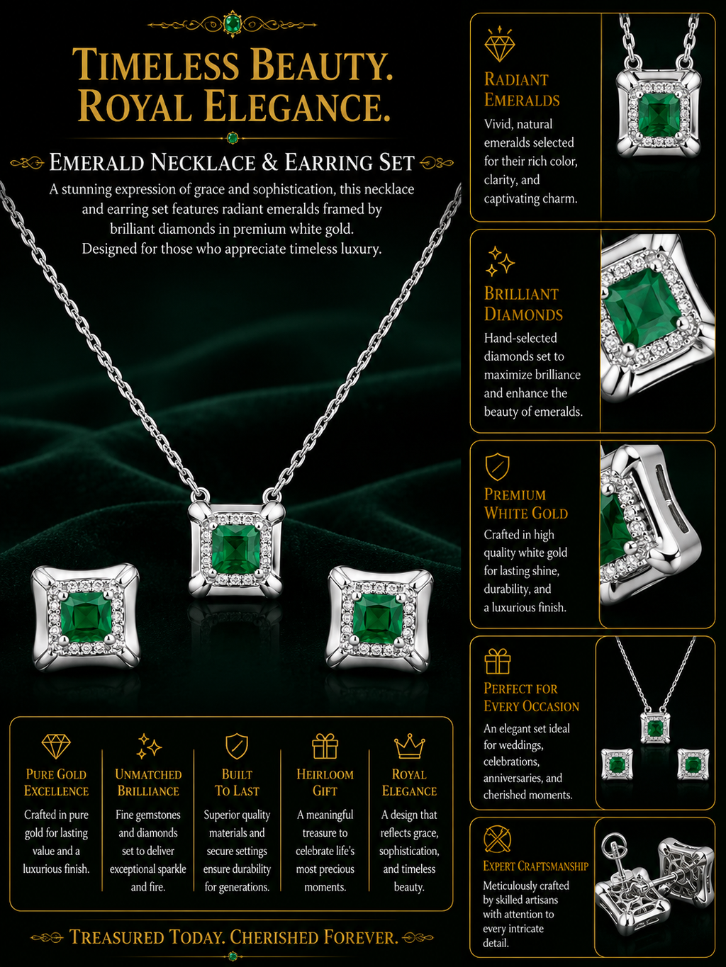 Emerald Green Solitaire Pendant & Stud Earrings Set in Silver Finish
